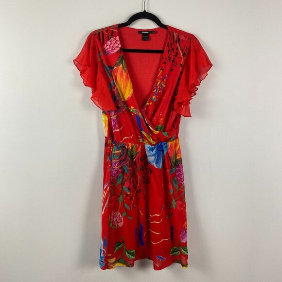Desigual Miranda Flutter Sleeve Dress Size Large Surplice Neckline Red Floral - Picture 1 of 11